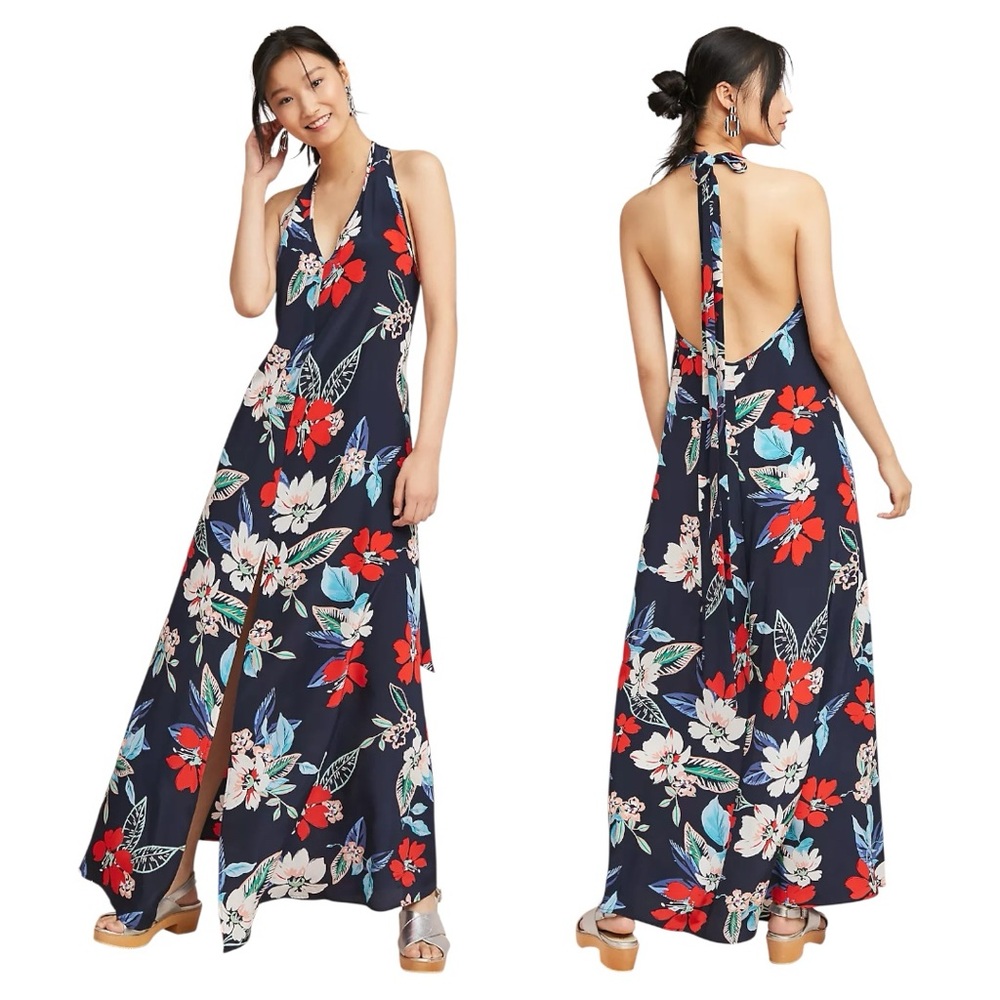 Yumi Kim Silk Hibiscus Maxi Dress Floral V-Neck Adjustable Straps Women’s Medium